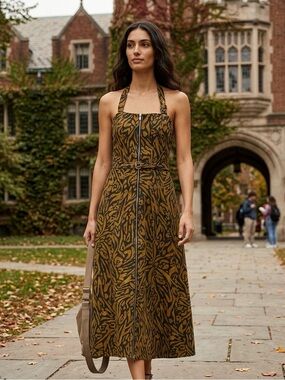NICHOLAS Olive and Black Printed Halter Midi Dress